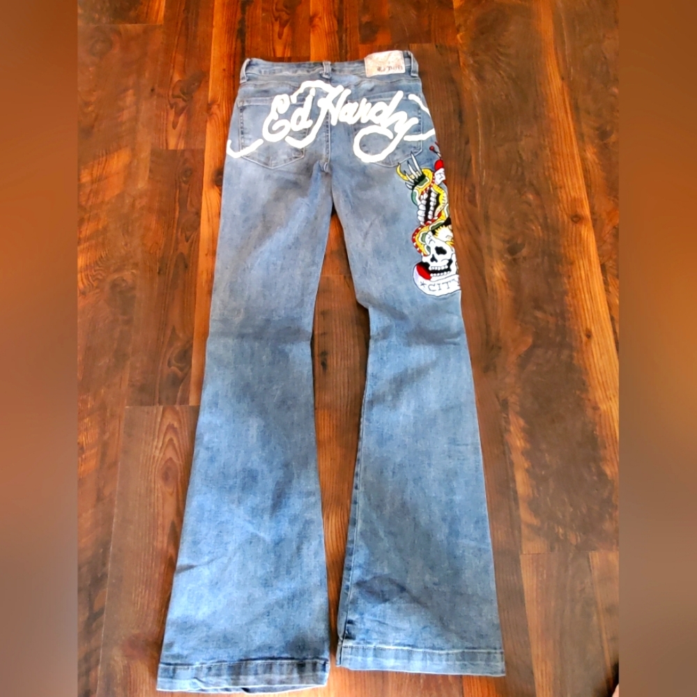 Vintage Ed Hardy Jeans Slim Fit Boot Cut with Skull Embroidery Design